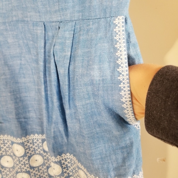 Madewell Chambray Embroidered Cotton Sunstitch Tunic Dress W/ Pockets Size XS - Picture 7 of 10